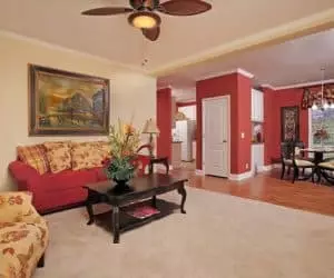 Living room in the modular house model Bourbon Street made by Pratt Homes, Tyler, Texas