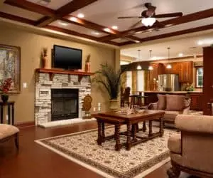 Freedom Modular Home living room with fireplace made by Pratt Homes, Tyler, Texas