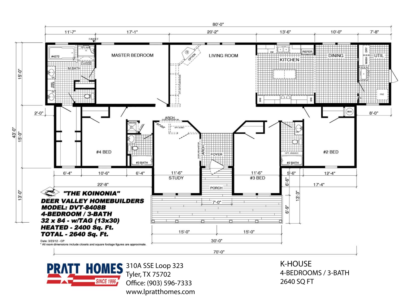 Floor Plan for house model K-House Pratt Homes, Tyler, Texas