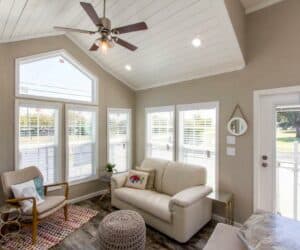 Living Room of affordable tiny home Beachview made by Pratt Homes, Tyler, Texas