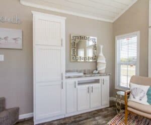 Entrance in affordable tiny home Beachview made by Pratt Homes, Tyler, Texas