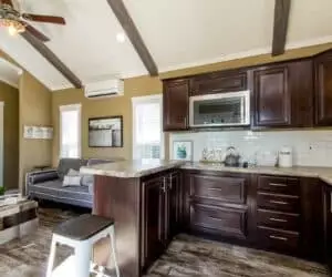 Kitchen elements of affordable tiny home Meadowview made by Pratt Homes, Tyler, Texas