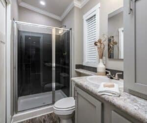 Bathroom of incredible tiny home model Mindy made by Pratt Homes, Tyler, Texas