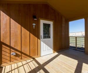 Entrance of incredible tiny home The Ranch made by Pratt Homes, Tyler, Texas
