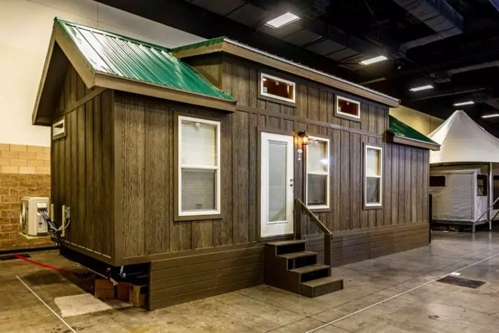 Exterior of affordable tiny home model Mountain Cabin made by Pratt Homes, Tyler, Texas