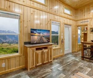 Entrance in the affordable tiny home Mountain Cabin made by Pratt Homes