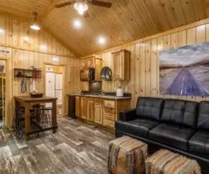 Living Room with kitchen in the affordable tiny home Mountain Cabin made by Pratt Homes