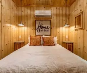 Bedroom from the affordable tiny home Mountain Cabin made by Pratt Homes, Tyler, Texas