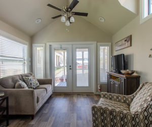 affordable tiny home Brown living room Pratt Homes, Tyler, Texas