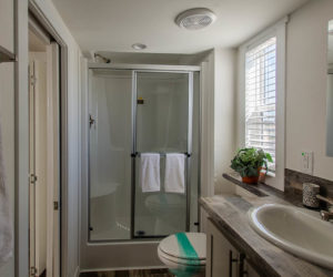 bathroom in the modular home Tumbleweed made by Pratt Homes