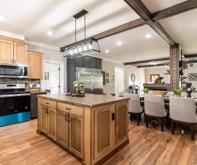 An interior of the Barndo modular home - part of the kitchen and dining room.