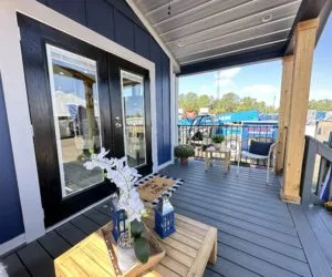 A porch of the Austin farmhouse, made by Pratt Homes, Tyler, Texas